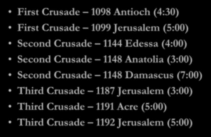 (3:00) Second Crusade 1148 Damascus (7:00) Third Crusade 1187 Jerusalem