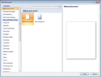 sh., zgjedhim opsionin Blank Document, vijon aktivizimi i Word-it dhe në ekran paraqitet hapësira e dokumentit të