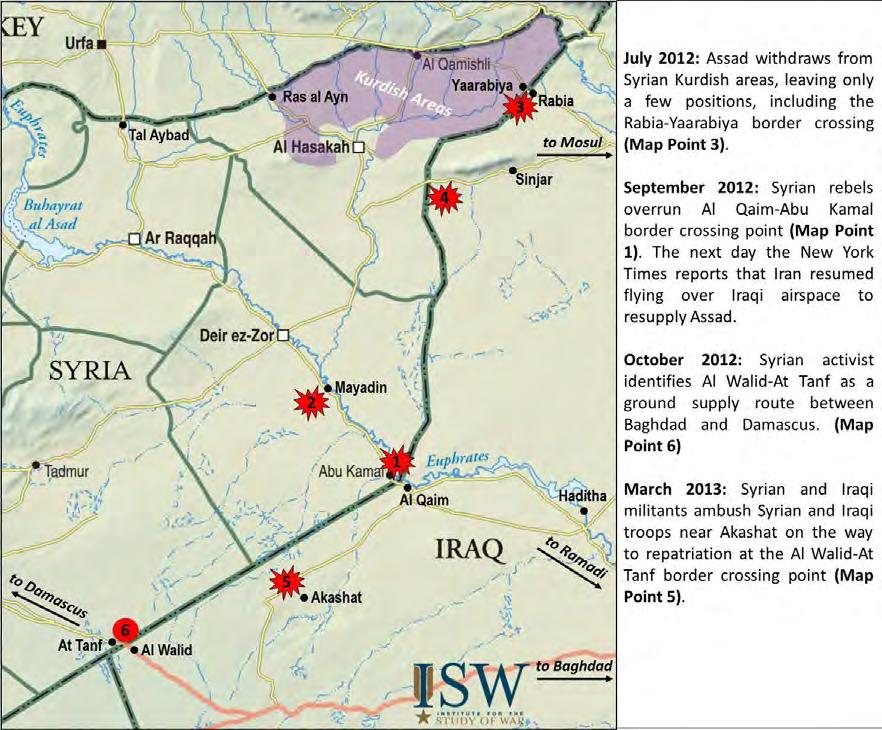 Map 1 Syria-Iraq border crossing points shipping military equipment to Syria over Iraqi airspace, coinciding with constricting ground supply corridors.