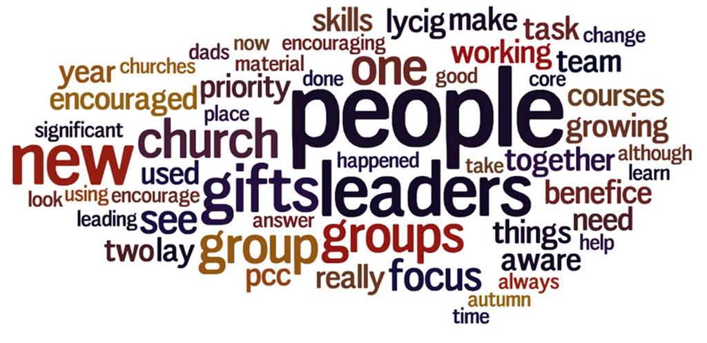 Clergy/LLMs were asked whether Living Faith had motivated their church to do anything else to help shape leadership. Here is a word cloud of the most common words used in their comments.