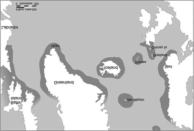 HOW DID THEY REACH WINELAND? 185 Map by Sibylla Haasum showing landmasses visible from out at sea on Norse sailing routes. developments over the next day or two.