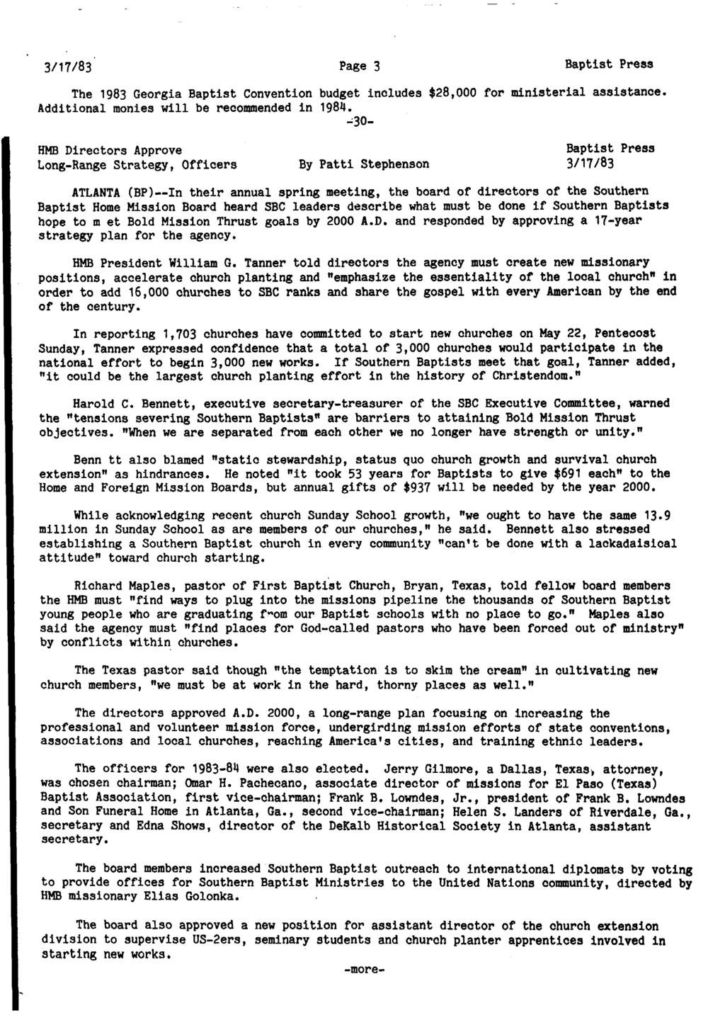 Page 3 The 1983 Georgia Baptist Convention budget includes $28,000 for ministerial assistance. Additional monies will be recommended in 1984.