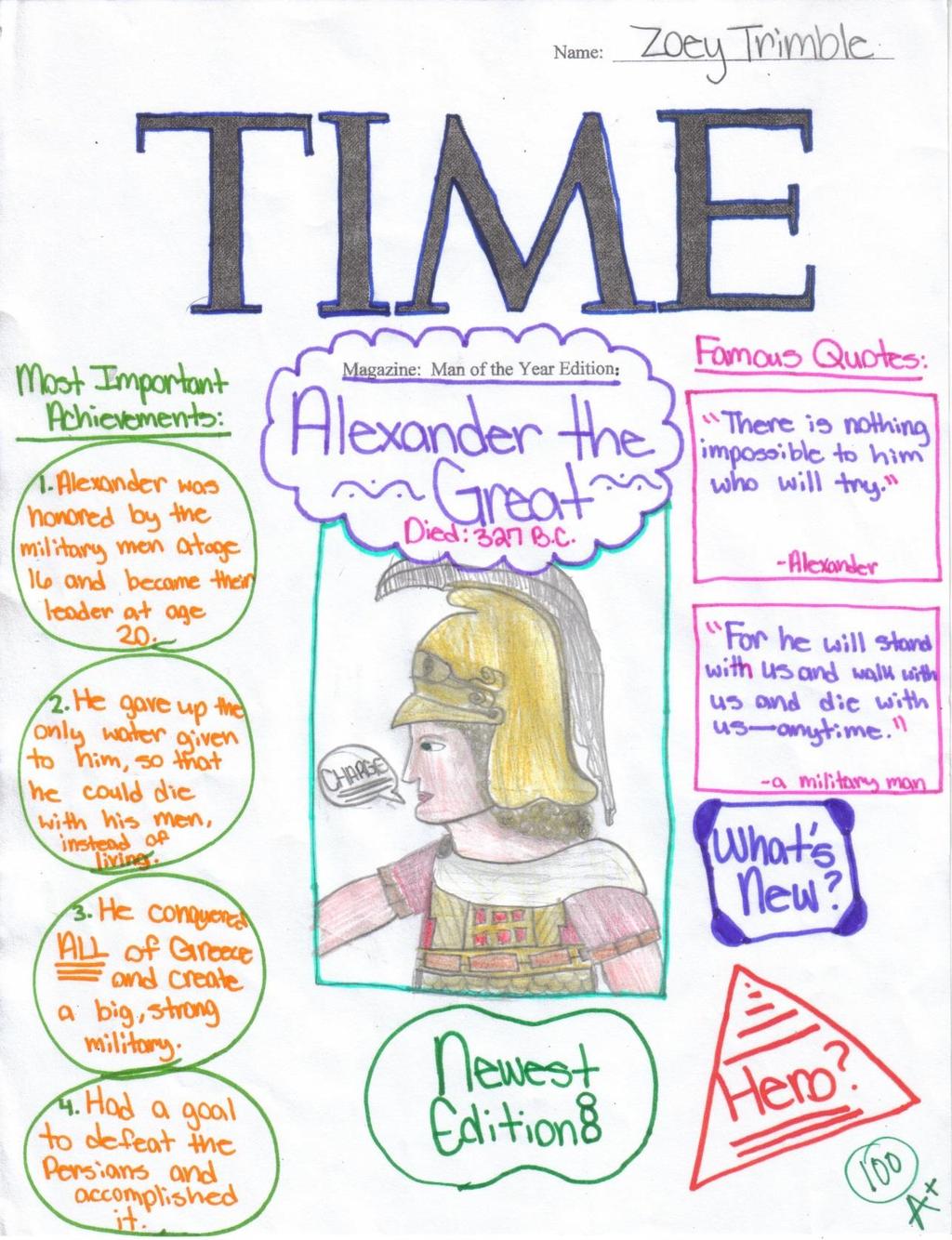 TIME Magazine Cover Alexander the Great was Man of the Year! Create a TIME Magazine cover for him. Include: 1. His Name and the Year (choose a year he was alive) - 20 point 2.