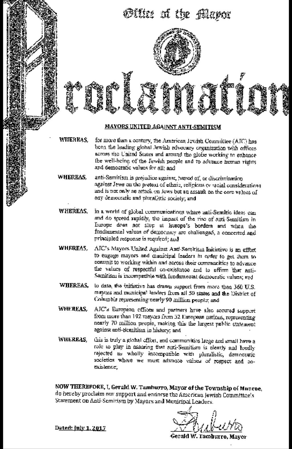 Tamburro issued a proclamation on behalf of Monroe Township, "repudiating"