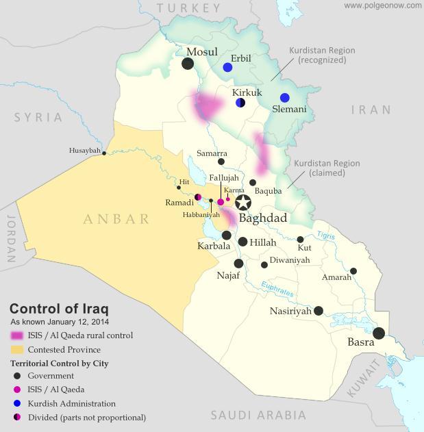 ISIS held a bold public parade in Fallujah atop Humvees captured from Iraqi government forces and the police. 21 Figure 1 Map of Territorial Control in Iraq at the Beginning of 2014.