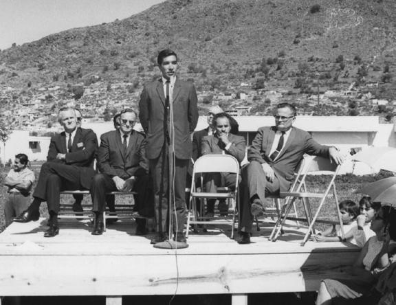 Behind him, in the front row from left to right, are President Harold Brown, Elder Alvin R.