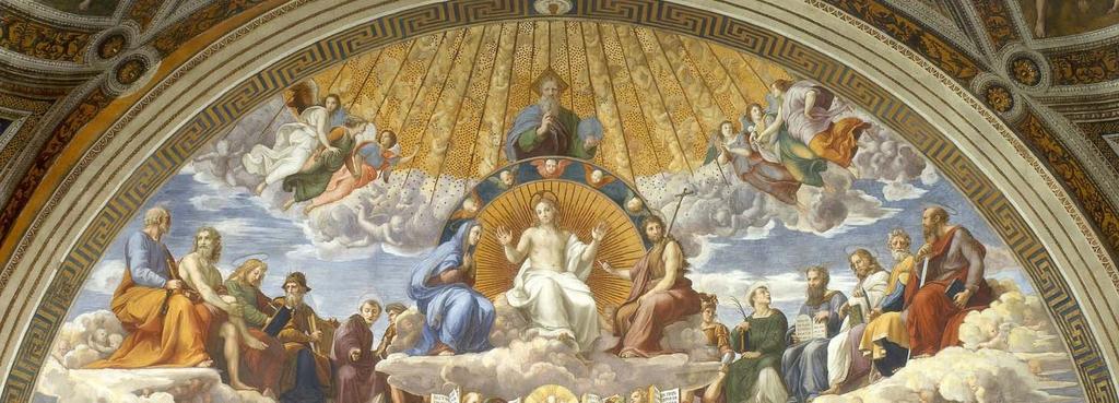 On the wall corresponding to Theology, is the fresco of the so called Disputation of the Most Holy Sacrament, the title of which should more rightly be that of the Triumph of Religion.