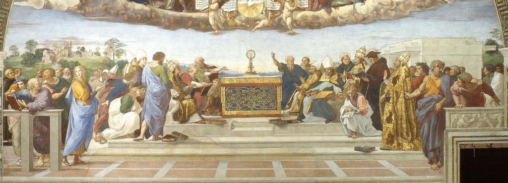 prophets of the Old Testament alternated with apostles and martyrs, seated in a hemicycle on the clouds. The personages are (from left to right for the viewer).