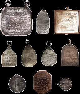 Octagon amulet, made of engraved metal. 8. Amulet for protection of home and residents. Ink on parchment, in a metal frame. 9-10. Pair of drop-shaped amulets, with Arabic numerals and words.