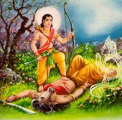 At the end of the battle between Mahishi and Manikanda at Azhutha River banks, Manikanda climbed up her chest and danced violently.