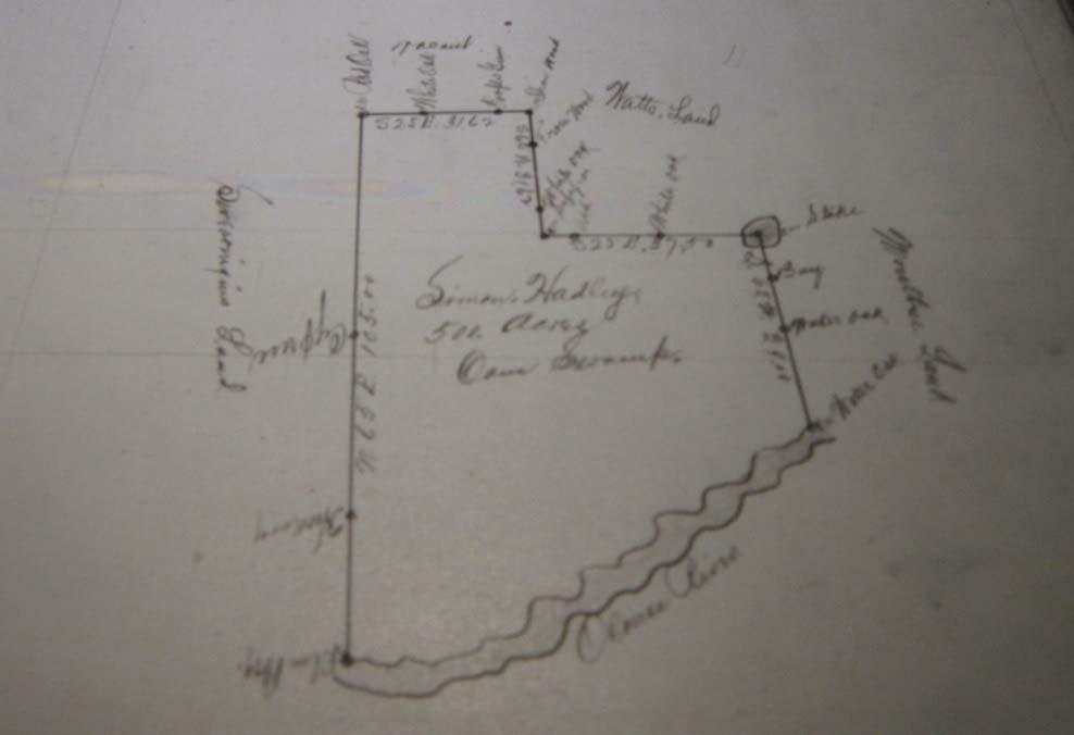 CA. 1800 1802 MONTGOMERY COUNTY, GEORGIA Land Plat.`222 Simon Hadley plat, 500a Cane Swamp, adj. Oconee, Moultrie, Watts, Swearingen. Imaged.