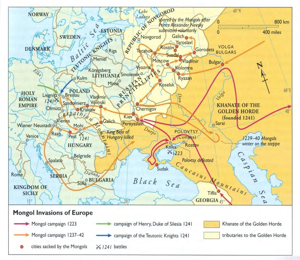 Mongol Invasion of Europe 1220-1242 In Europe there was severe destruction of East Slavic principalities and major cities such as Kiev and Vladimir. There was conflict in Hungary and Poland in 1241.