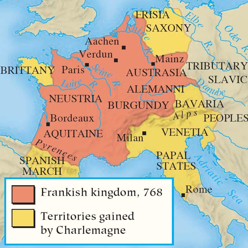 A New Empire in the West: The Carolingians and Charlemagne (333-334) The Frankish realm reached its high point under Charles Mattel's grandson Charlemagne ("Charles the Great"), who reigned from 768