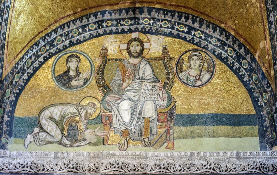 Imperial Gate mosaic from Hagia Sophia. Emperor Leo VI bowing down before Jesus, with the Archangel Gabriel and Mary in the medallions Source: https://upload.wikimedia.