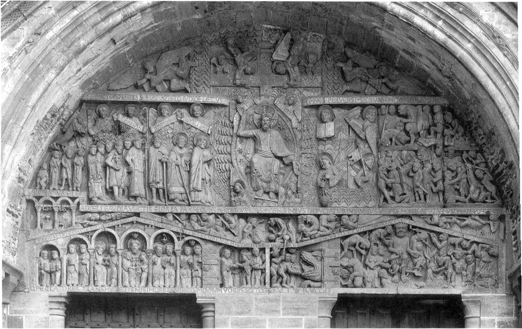 12.6 Last Judgment, tympanum of west portal, Sainte-Foy Conques. Christ is both the central and the largest figure.