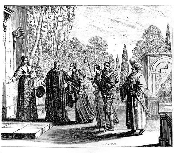 Vincent de Paul welcoming pilgrims to lodge. Engraving by Abraham Bosse. Printed in Arthur Loth, Saint Vincent de Paul et sa Mission Sociale (1880). Courtesy St.
