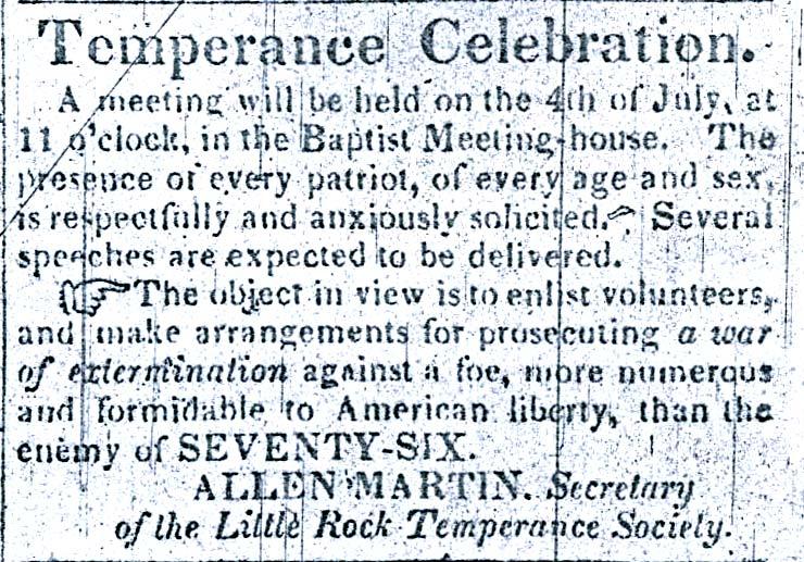 Temperance Celebration. The Arkansas Gazette. 27 June 1832: p. 3. The beginnings of Prohibition (1920-1933) date back to the Temperance Movement a century earlier.