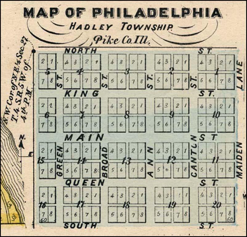 Drawing 1 - Layout of New Philadelphia in 1836 (Atlas Map of Pike County 1872, Andreas, Lyter Co., 1872, 84.