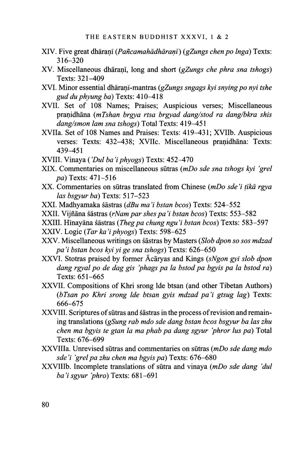 THE EASTERN BUDDHIST XXXVI, 1 & 2 XIV. Five great dharanï (Pancamahädhäram) (gzungs chenpo Inga) Texts: 316-320 XV.