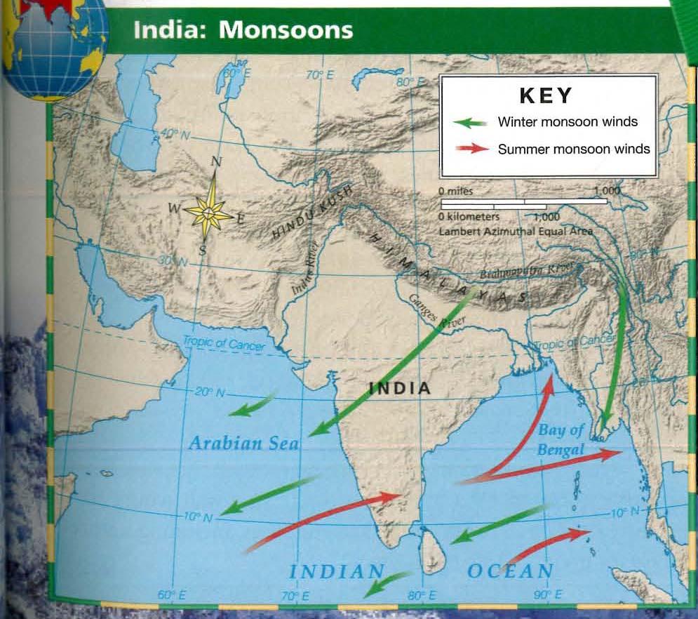 2. There may be a diagram of the Indian subcontinent (South Asia) on which you will have to draw arrows showing the direction of the monsoon winds.