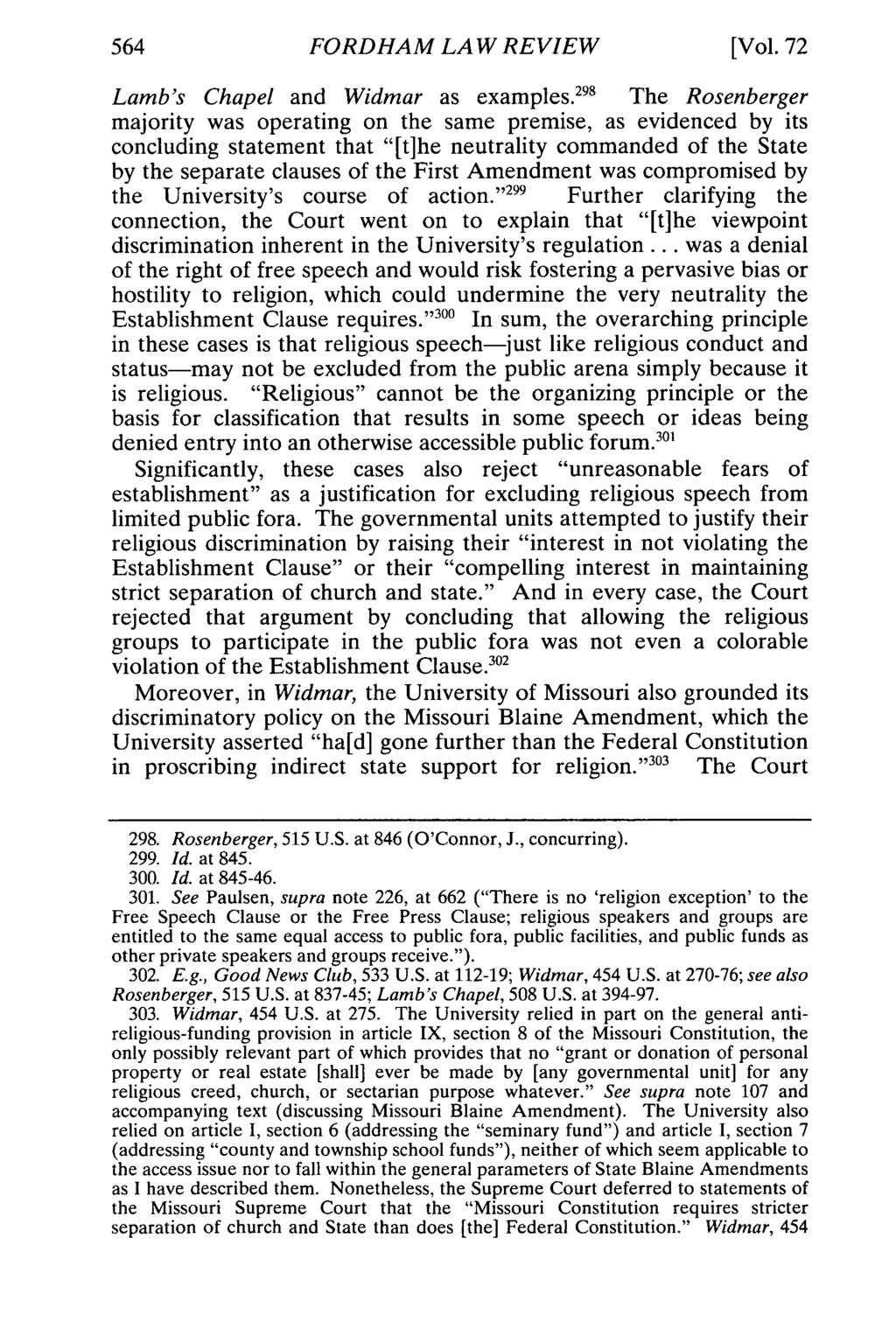 FORDHAM LAW REVIEW [Vol. 72 Lamb's Chapel and Widmar as examples.