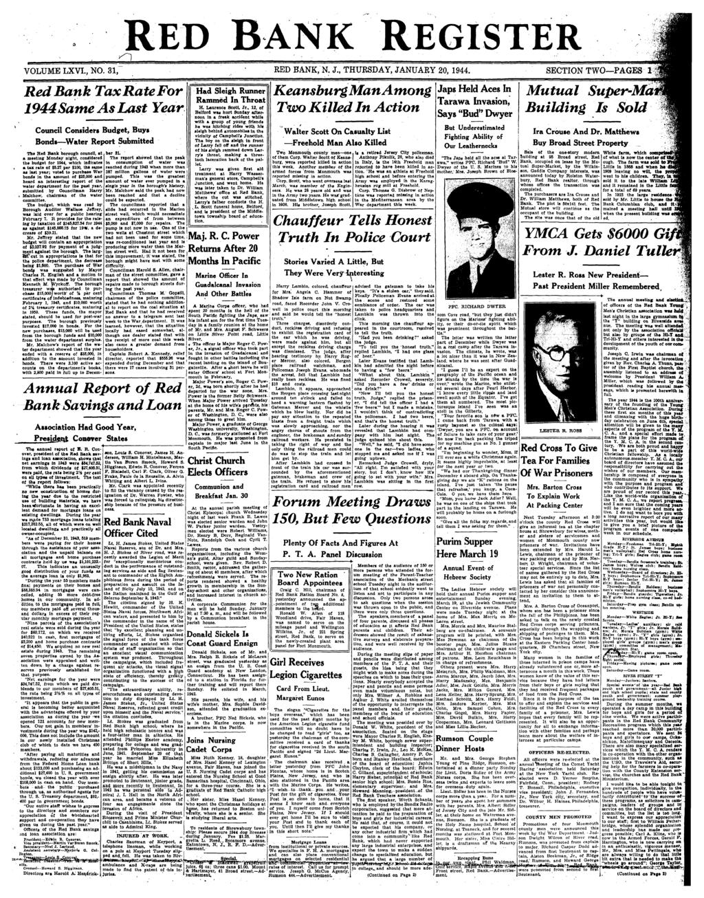 RED BANK REGISTER VOLUME LXVL, NO. 31, RED BANK, N. J., THURSDAY, JANUARY 20, 1944.