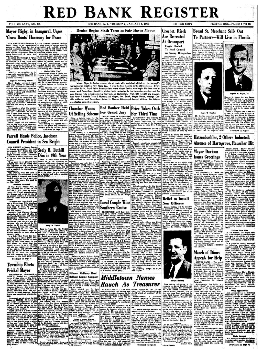 RED BANK REGSTER VOLUME LXXV, NO. 28. RED BANK, N.J., THURSDAY, JANUARY 8,1953 10c PER COPY SECTON ONE PAGES 1 TO 16.