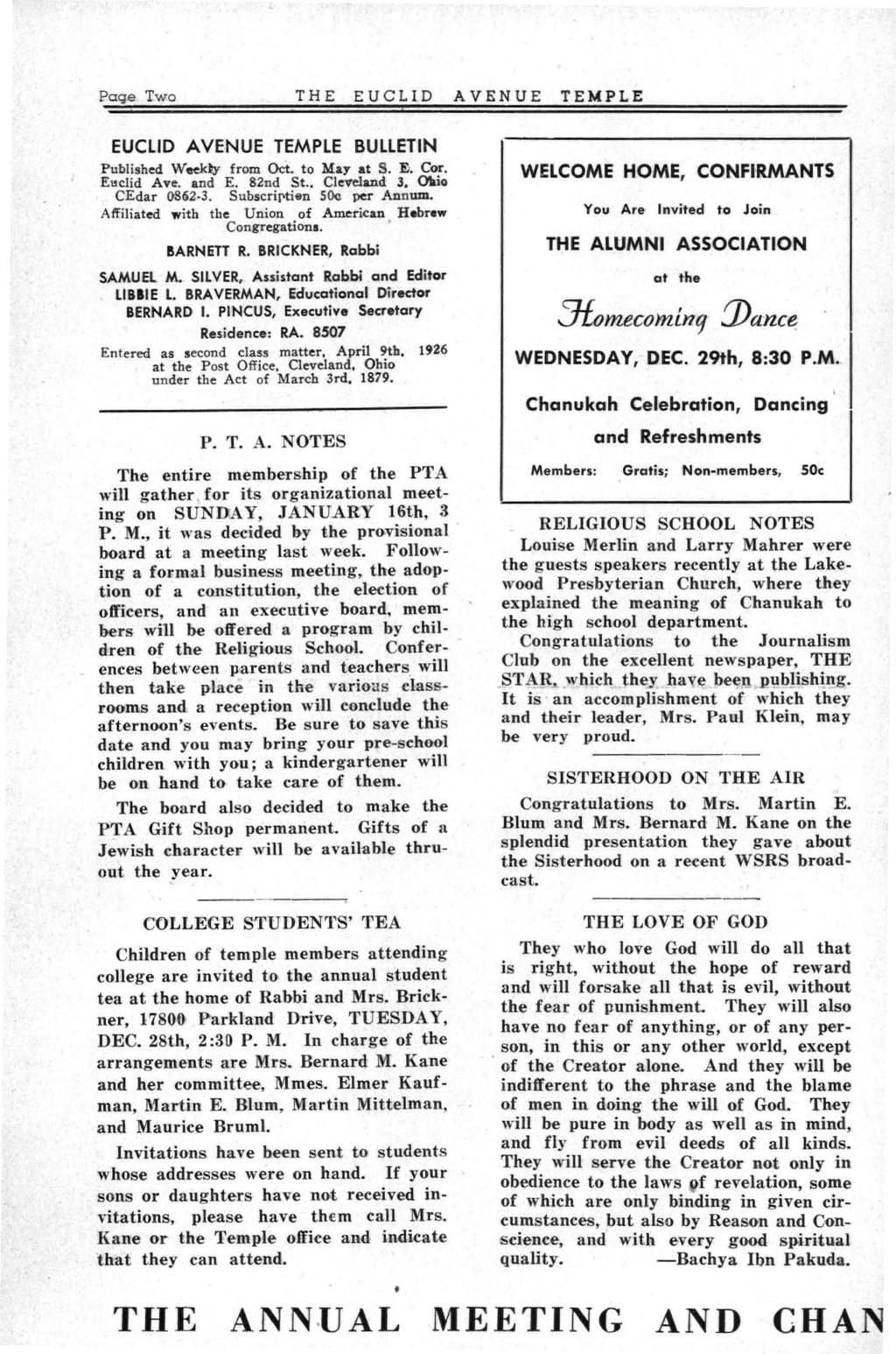 Page Two THE EUCLID AVENUE TEMPLE EUCLID AVENUE TEMPLE BULLETIN Published Week»' from Oct. to May at S. E. Cor. E"clid Ave. and E. 82nd St. Cle"e1and 3. OIaio CEdar (}862 3.
