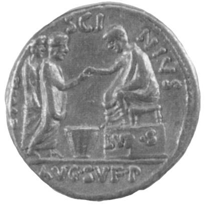 : Augustus, wearing toga and seated on stool resting on a platform, distributes suffimenta taken from a box at his feet to two figures standing before him, also
