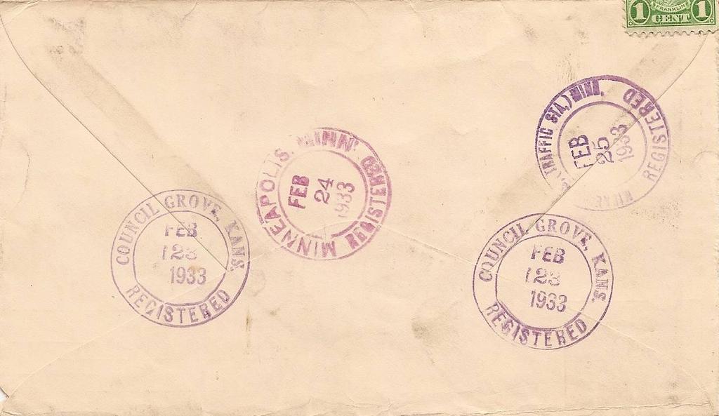 1 Benjamin Franklin stamps (Scott #632) and to cover the 15 Registered rate, effective July 1, 1932 (At this time, minimum indemnity was included, $5.