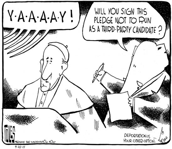 Tom Toles September 25, 2015 1. Editorial cartoonists convey information about the figures in their cartoons through details. Some of the figures are specific individuals.