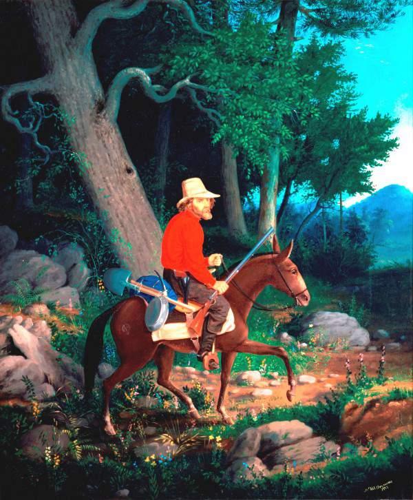 In 1849 alone, more than 80,000 people poured across the continent. This painting is titled The Lone Prospector.