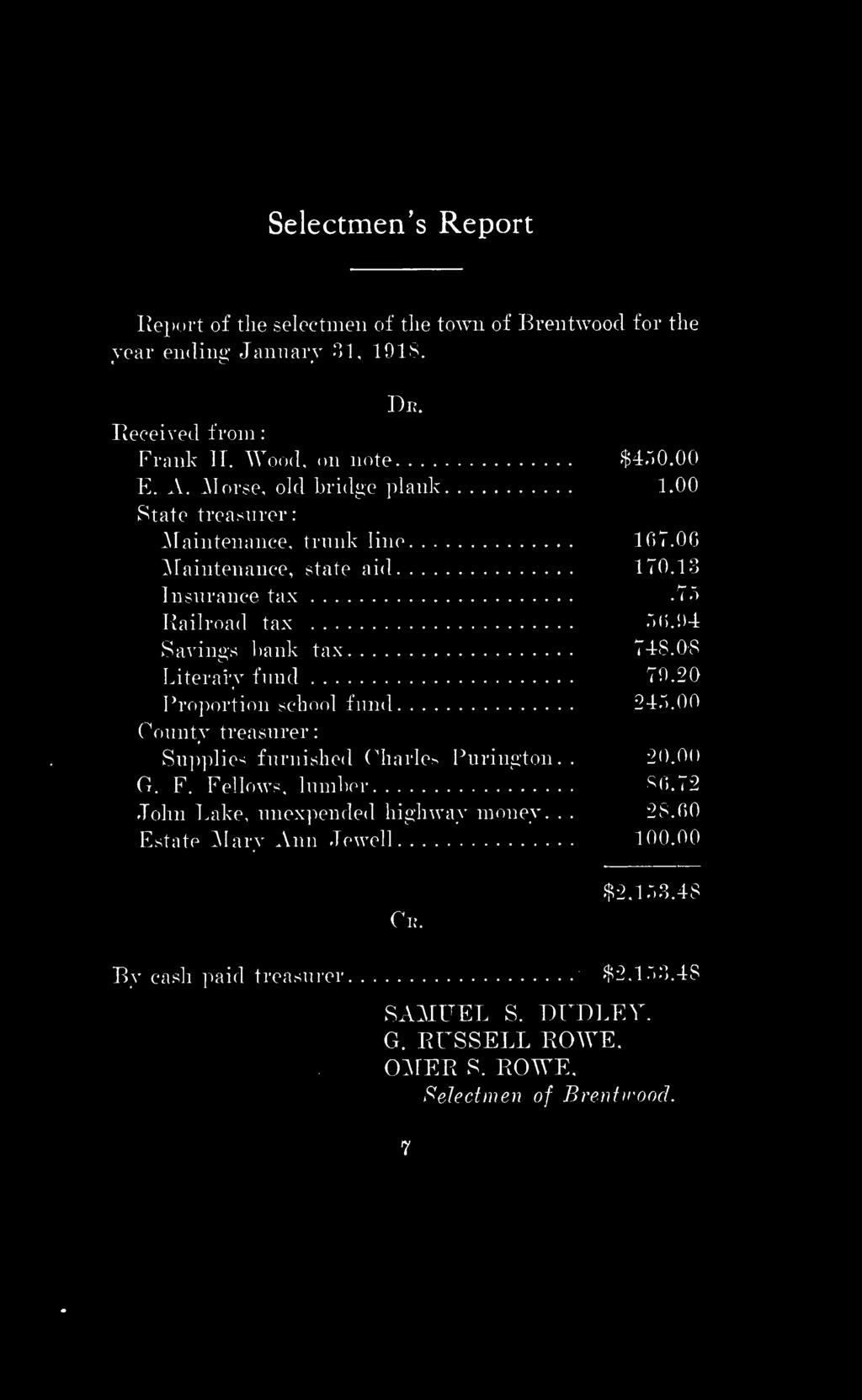 : : Selectmen's Report Report of the selectmen of the town of Brentwood for the year ending January 31, 1918. Dr. Received from Frank IT. Wood, on note $450.00 E. A. Morse, old bridge plank 1.