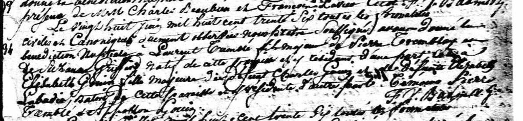 Marriage of Élisabeth Gouin and Laurent Tremblé/Tremblay o Colette Gouin, daughter of Charles N.