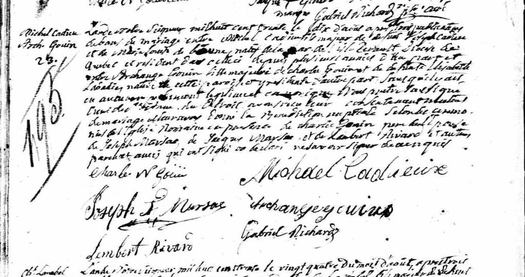 org/french-canadian_resources/miscellaneous ]. Marriage of Archange Gouin and Michel Cadieux/Cadieu Archange Gouin and Michel/Michael Cadieux/Cadieu had 12 children; eight married.