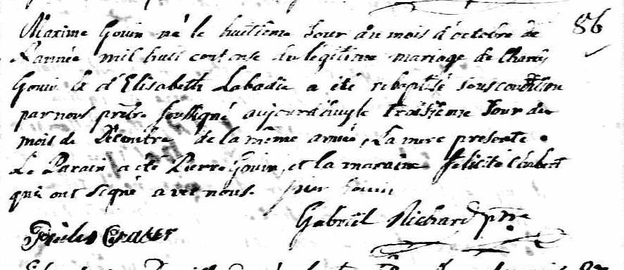 Marriage of Nicolas Gouin and Félicité Rivard o Maxime Gouin, son of Charles Gouin and Élisabeth [Descompt dite] Labadie was born 8 October
