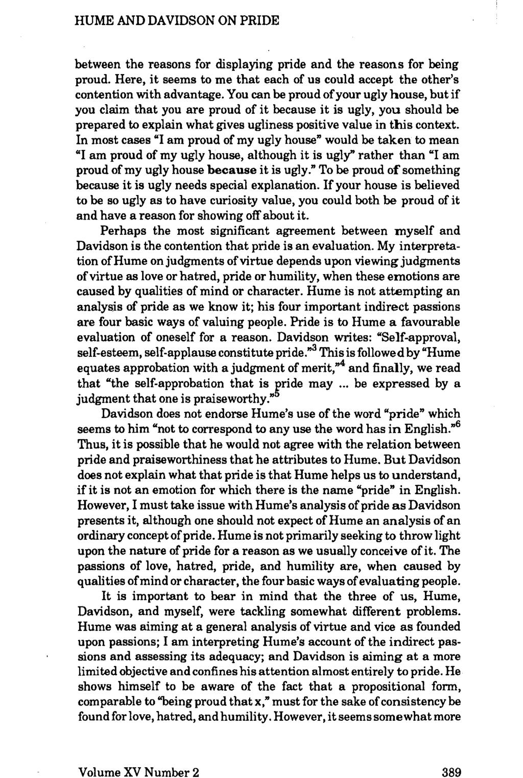 Volume XV Numher 2 HUME AND DAVIDSON ON PRIDE ' between the reasons for displaying pride and the reasons for being proud.