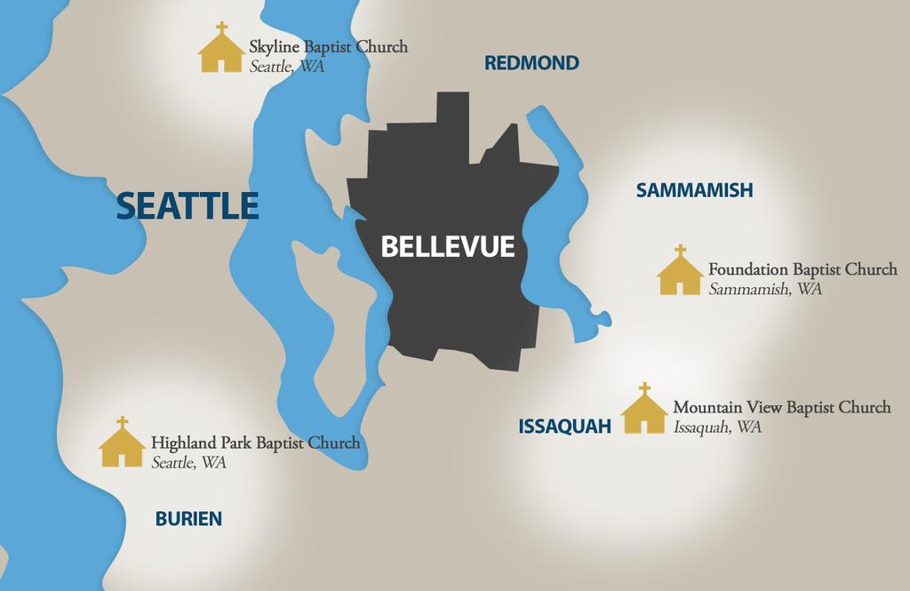 POPULATION OF THE TOP 5 CITIES 640,500 IN WASHINGTON The City of Bellevue is full of affluence, education, and opportunity, yet it has no independent fundamental Baptist church.
