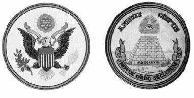 9) Great Seal: Eagle = Authority 13 Olive Branches / Arrows / Stars = STATES Arrows = Military Strength, Olive Branch = Peace E Pluribus Unum = ONE OUT OF MANY Appears on back of $1 Pyramid =