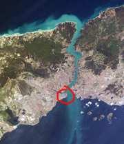 64 Satellite view of Istanbul (formerly Constantinople). The area enclosed by the red circle indicates the old city of Constantinople.