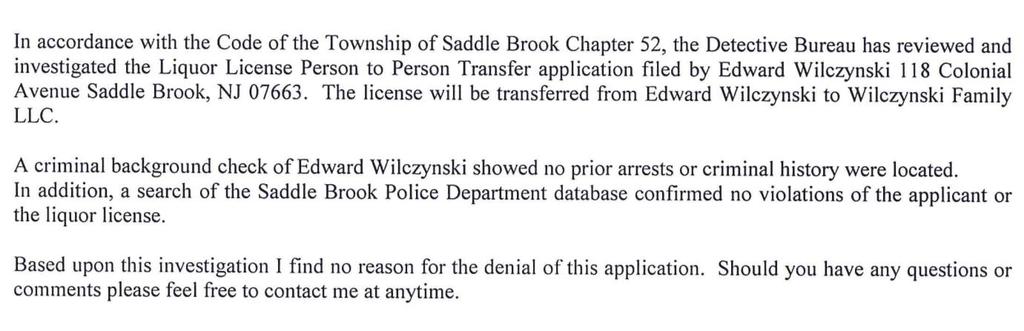Thomas Johnson, SBPD Re: Liquor License Person-to-Person Transfer Wilzynski Family LLC To: Chief Robert Kugler, SBPD