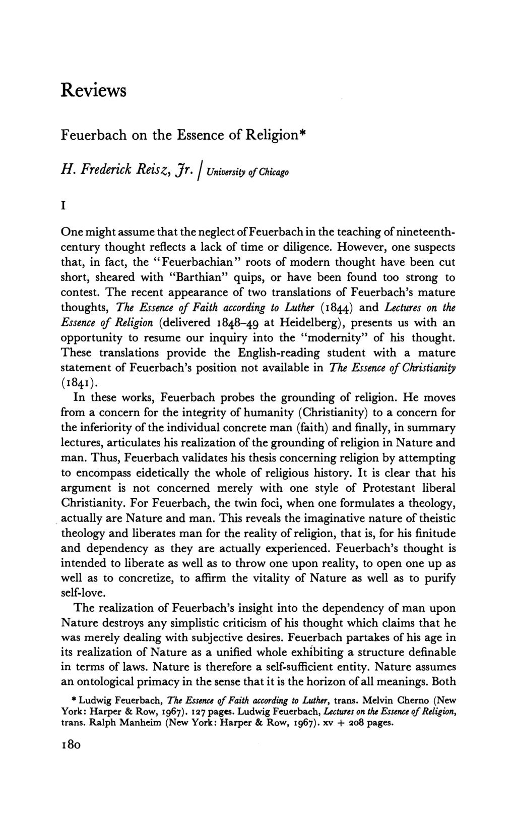 Reviews Feuerbach on the Essence of Religion* H. Frederick Reisz, Jr.