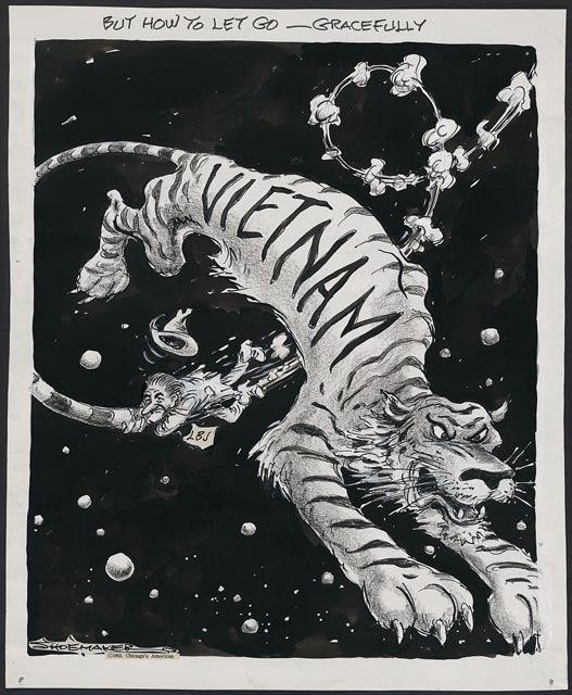 Document D: But How To Let Go Gracefully By Vaughn Shoemaker, 1965. 18. Why do you think the artist use the character of a tiger to identify the nation of Vietnam? 19. Who represents the American people in this drawing?