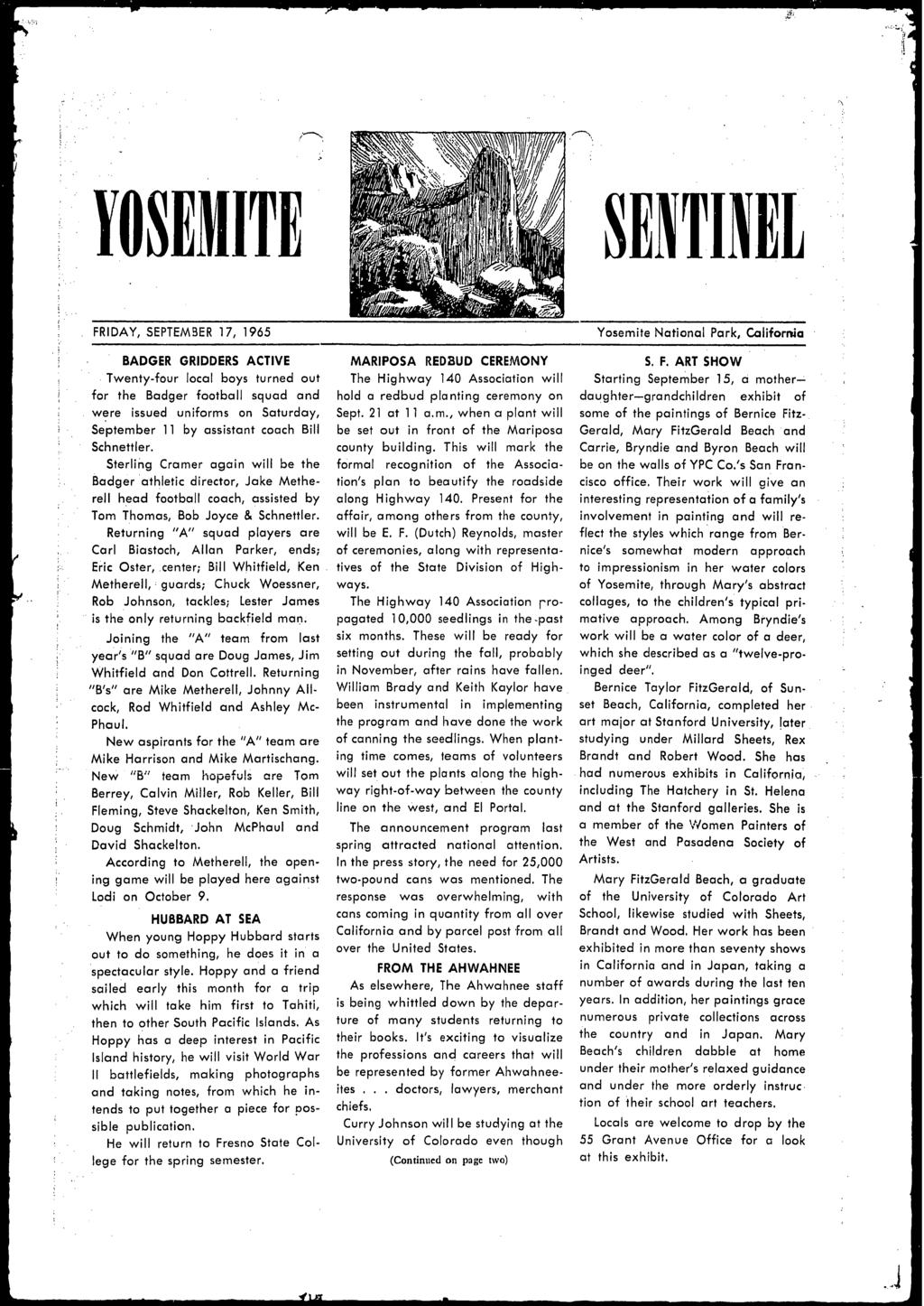 ,.... \ YOSEMITE SENTINEL FRIDAY, SEPTEMBER 17, 1965 Yosemte Natonal Park, Calforna BADGER GRIDDERS ACTIVE.