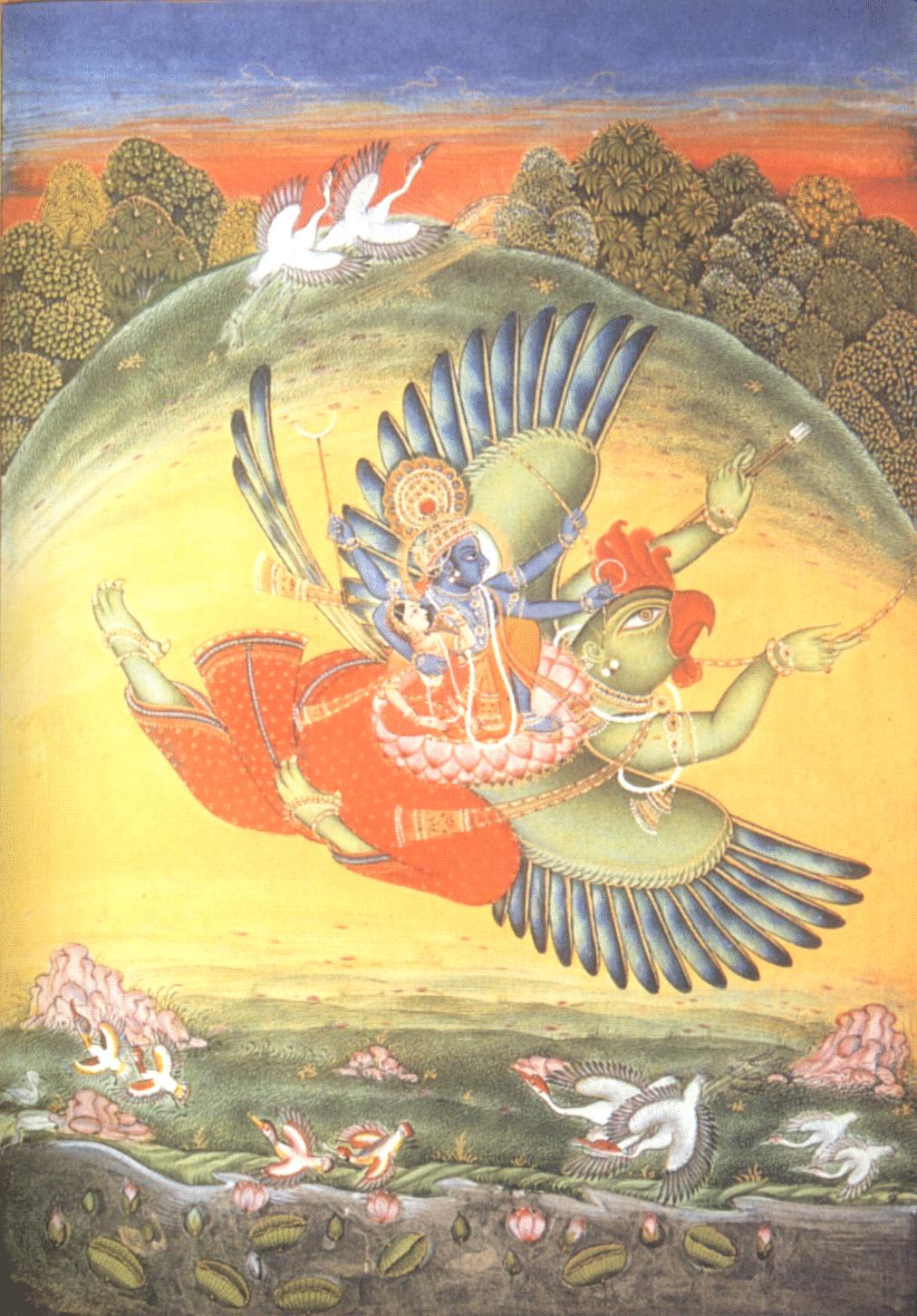 Vishnu and Lakshmi riding on the giant eagle Garuda