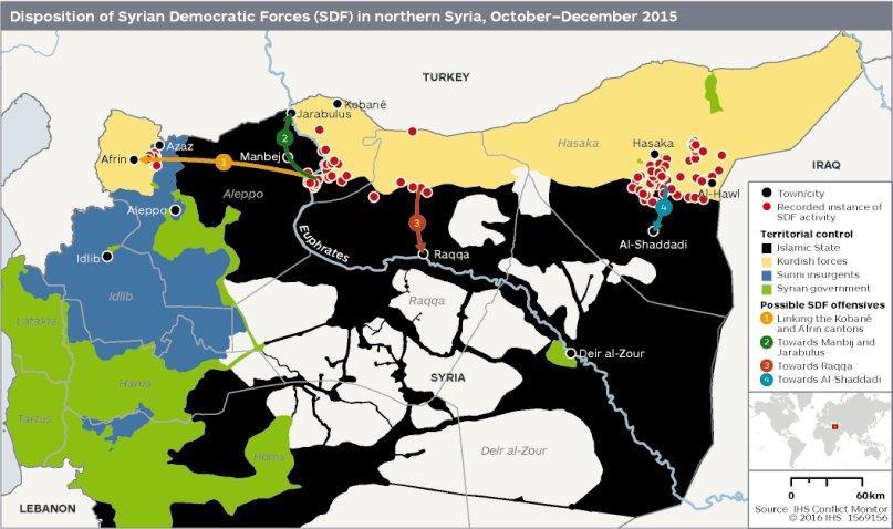 Disposition of Syrian Democratic Forces (SDF) in northern Syria, October-December 2015.