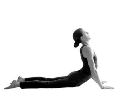 7. Bhujangasana - Cobra Pose Physical posture: Pressing back through the palms (in case of lower back injury/pain, walk the hands forward or come onto the forearms), slide the body forward so the