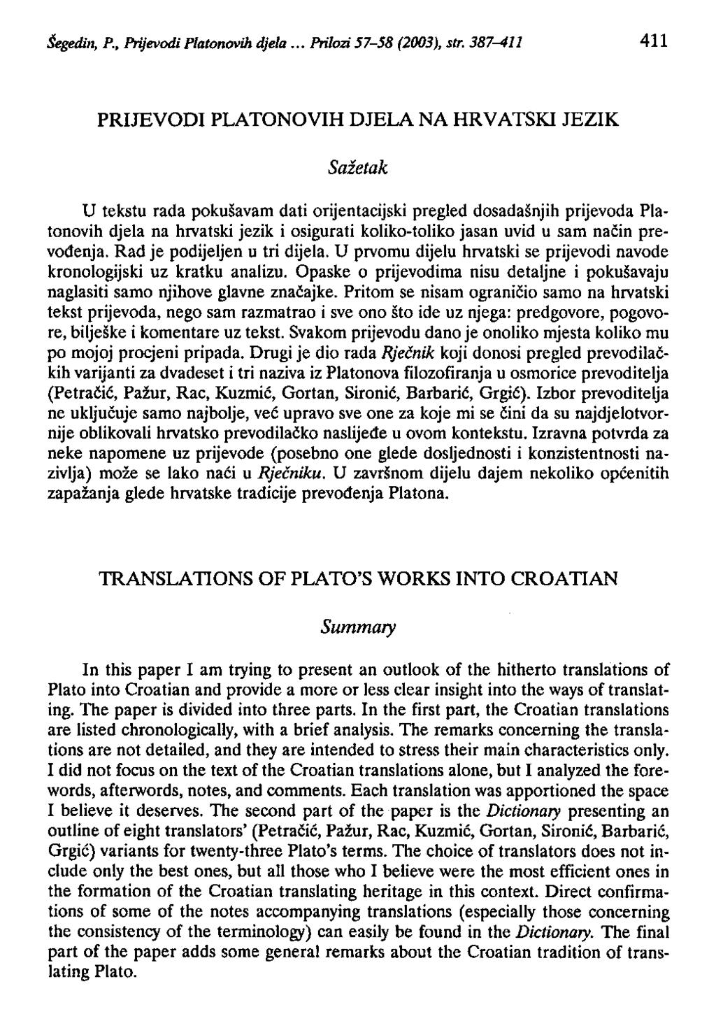 Šegedin, P., Prijevodi Platonovih djela... Prilozi 57-58 (2003), str.