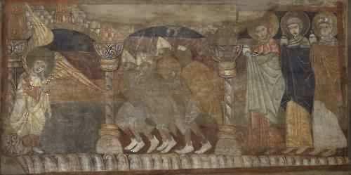 Below, expoliated fresco of the Three Marys at the Tomb, the image of