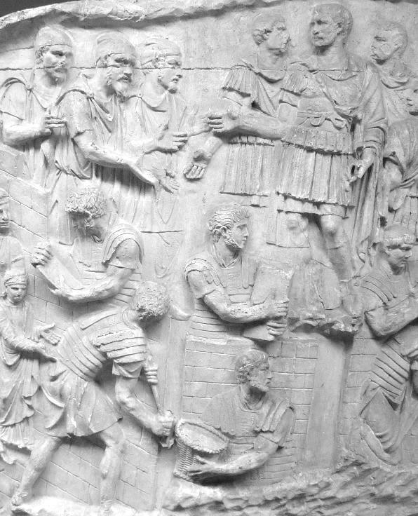 As we see Trajan pouring libations with Appollodorus in front of the bridge, it appears that the scene also represents consecratio. 6.